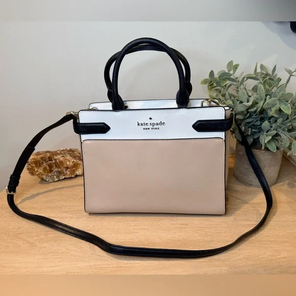 Kate Spade Colorblock Satchel Crossbody Black White Beige Gold - Picture 2 of 9